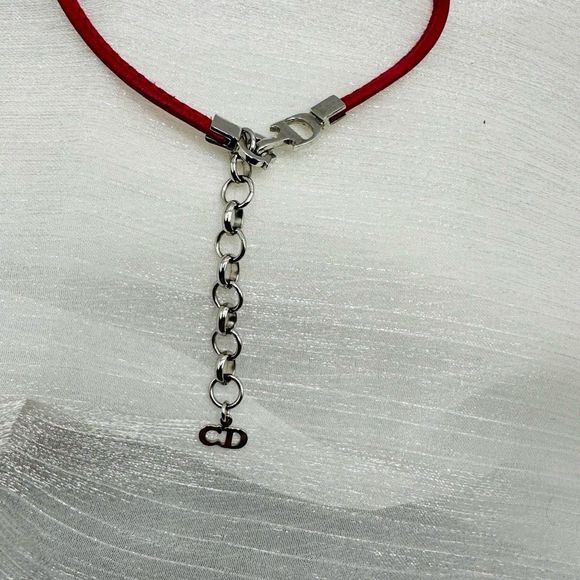 Dior Hot Pink/Red Leather Bow Silver CD Logo Necklace - Picture 6 of 8